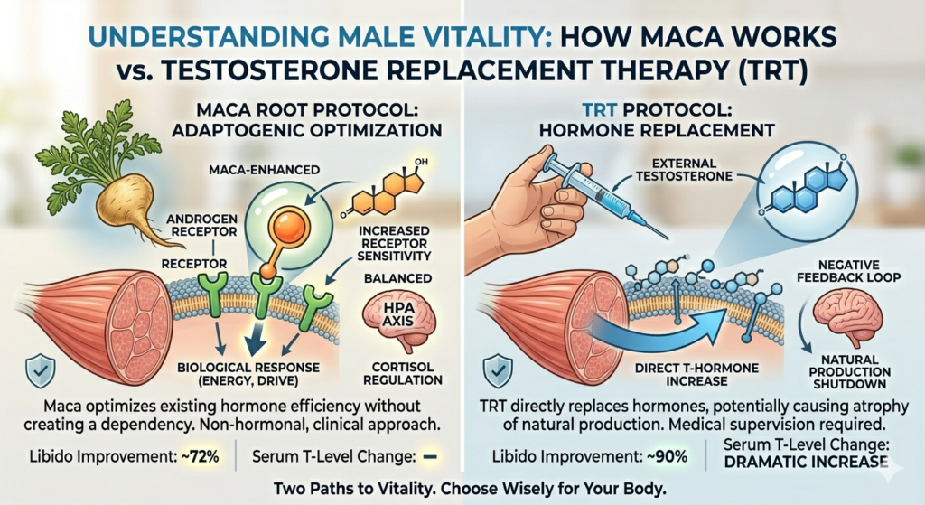 Diagram explaining that maca root benefits for men come from receptor sensitivity, not direct hormone increase.