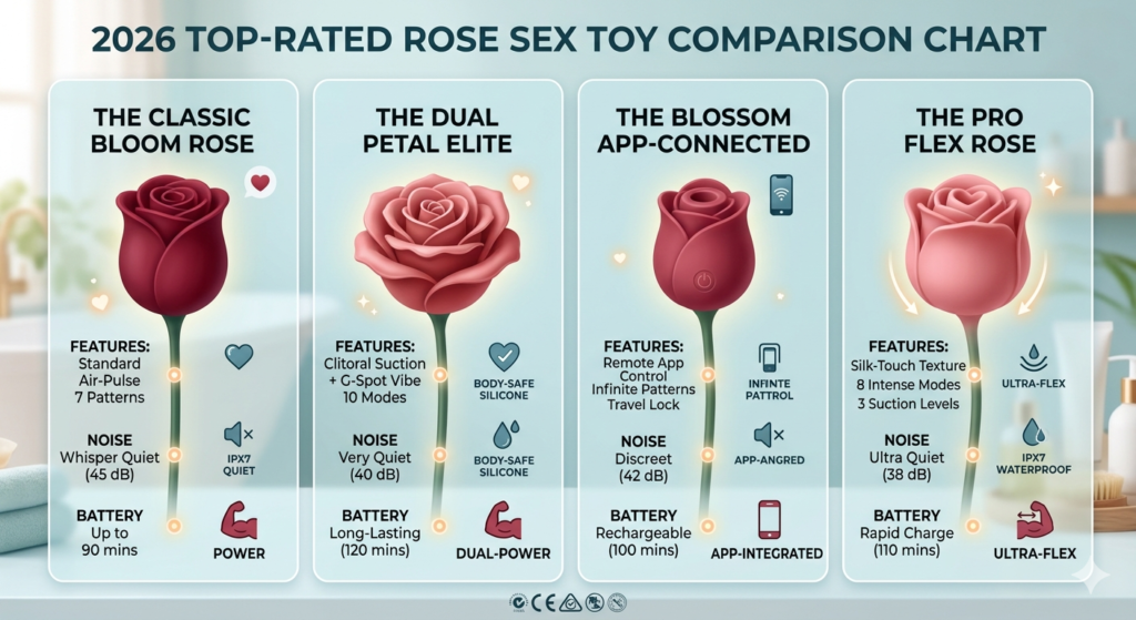 2026 comparison chart of popular rose sex toys including features, noise levels, and battery life.