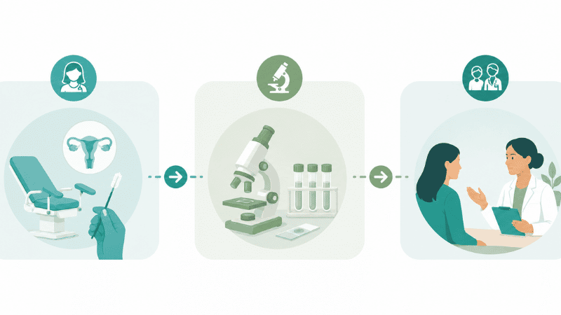 Illustration showing the three steps of cervical screening process for HPV detection in women