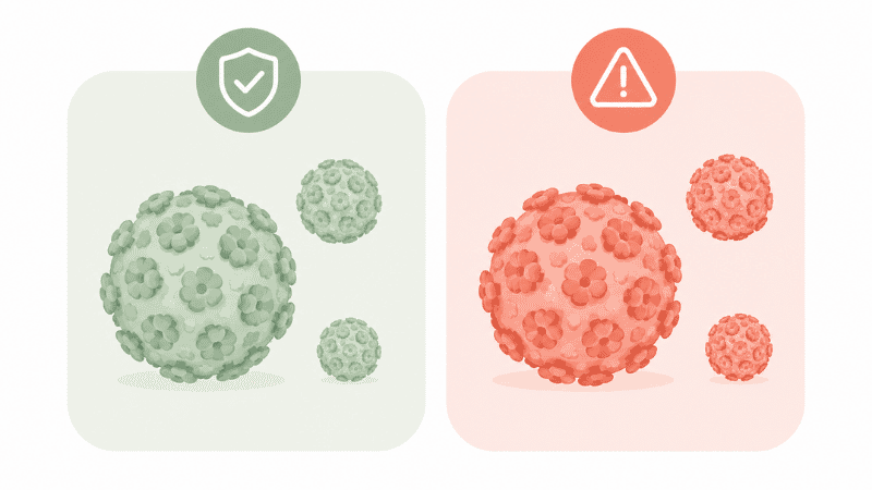 Illustration comparing low-risk and high-risk HPV strain types and their different health implications