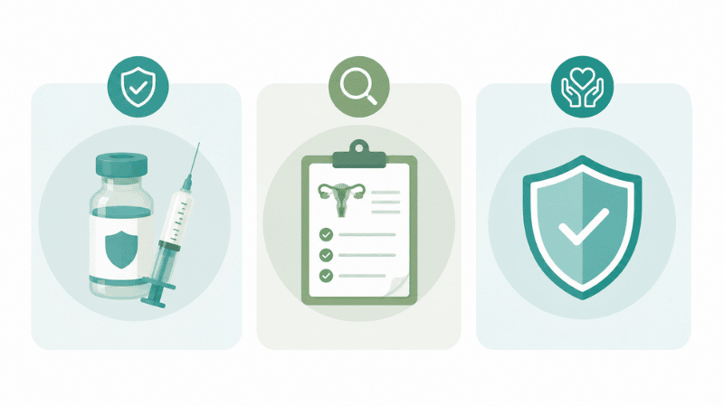 Illustration showing three HPV prevention methods: vaccination, cervical screening, and protective measures