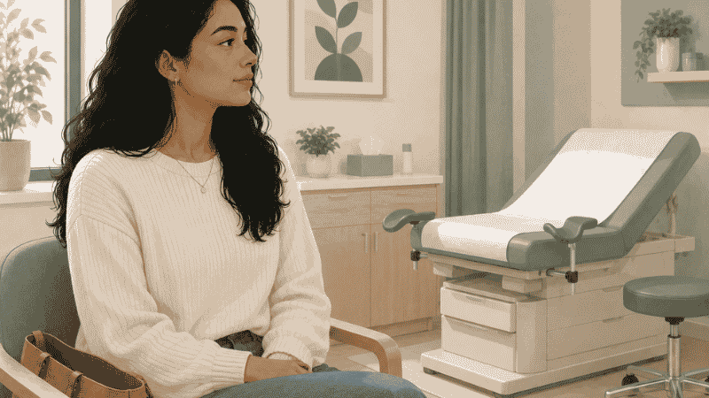 Woman sitting calmly in a gynecology clinic representing HPV symptoms awareness and routine cervical screening