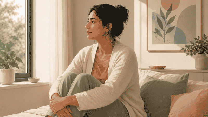 Woman sitting thoughtfully by a window representing low libido and women's sexual health