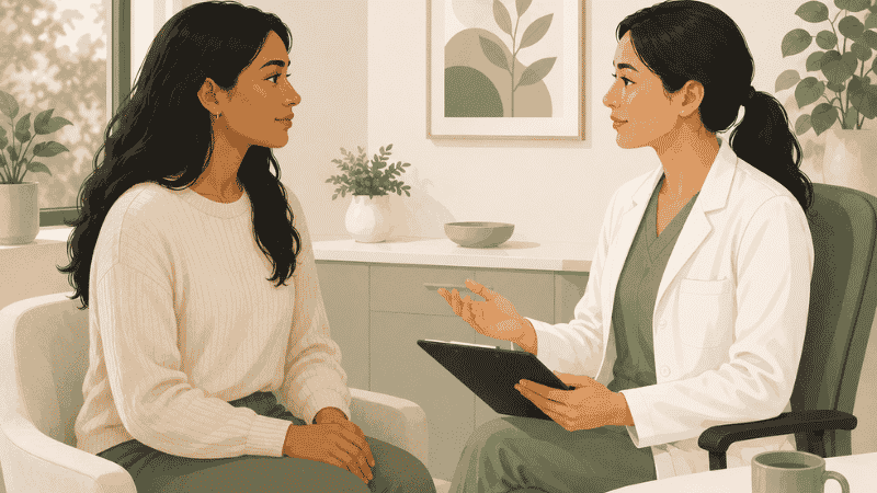 Woman speaking openly with a doctor about low libido and sexual health concerns in a clinic setting