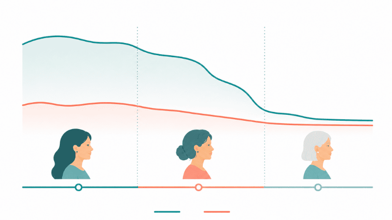 Diagram showing estrogen and testosterone decline across women's life stages and its effect on libido