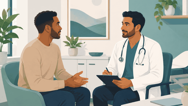 Man having an open conversation with a doctor about sexual health concerns in a clinic setting