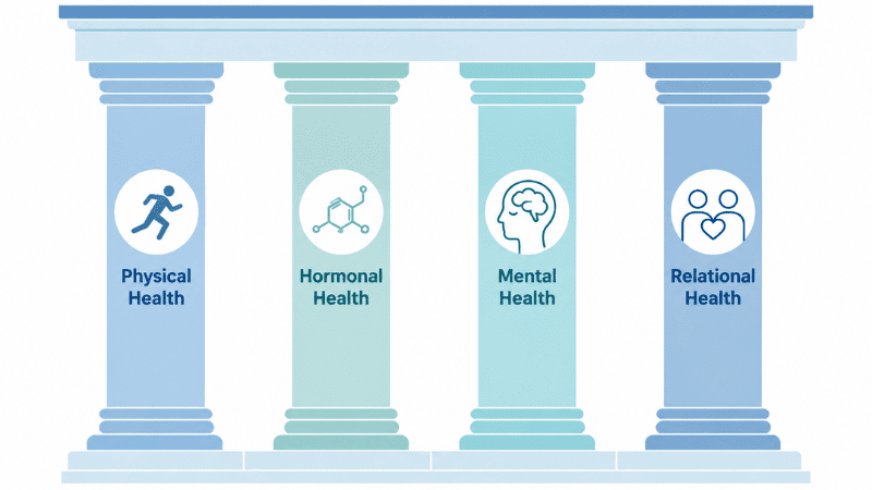 Diagram showing the four pillars of men's sexual health: physical, hormonal, mental, and relational health