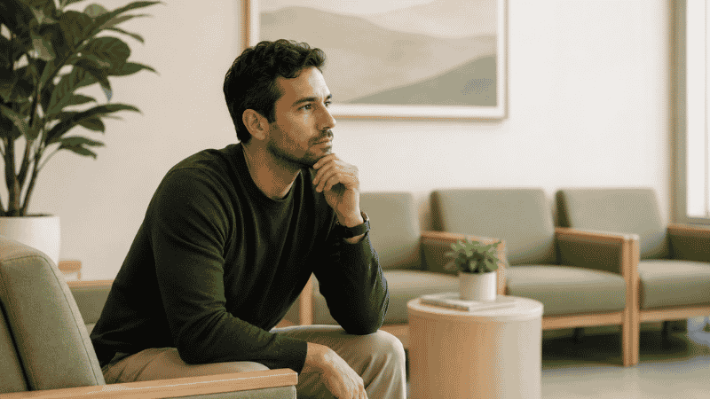 Adult man in a calm clinic setting representing men's sexual health care and awareness