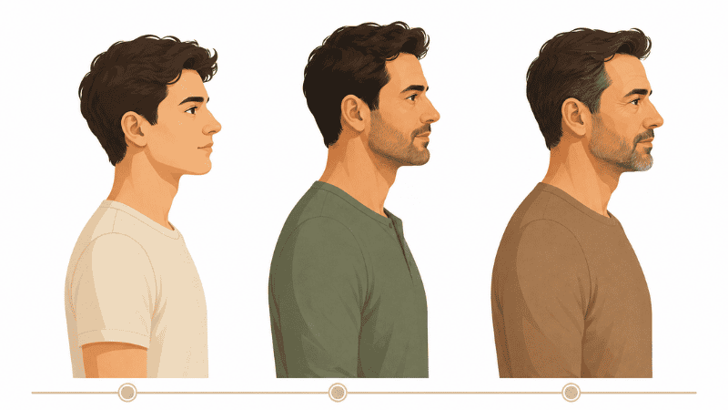 Timeline illustration showing how men's sexual health changes across the 20s, 30s, and 40s