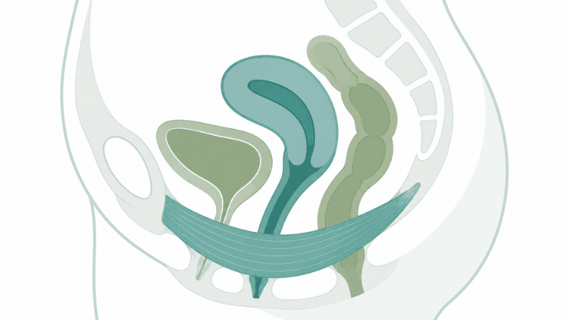 Medical illustration showing the pelvic floor muscle structure supporting pelvic organs