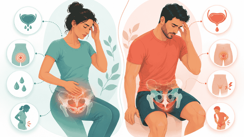 Illustration comparing weak pelvic floor symptoms in women and men side by side