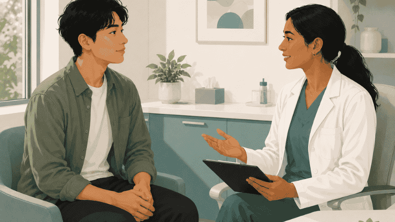 Patient having a calm conversation with a healthcare provider at an STI testing clinic appointment