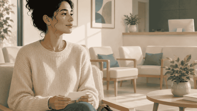 Young adult sitting calmly in a medical waiting room representing STI testing and sexual health screening