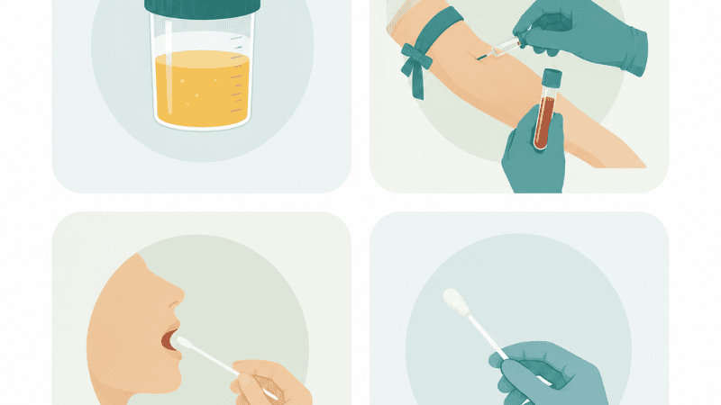 Illustration showing the four sample types used in a standard STI panel test including urine, blood, and swabs