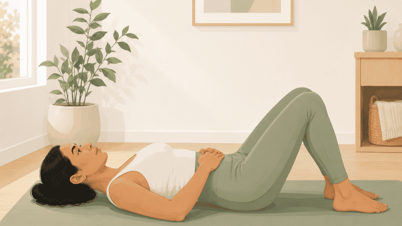 Woman doing pelvic floor exercises on a yoga mat representing pelvic floor health and rehabilitation