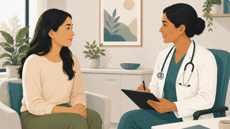 Woman having an open conversation with a doctor about reproductive and sexual health concerns