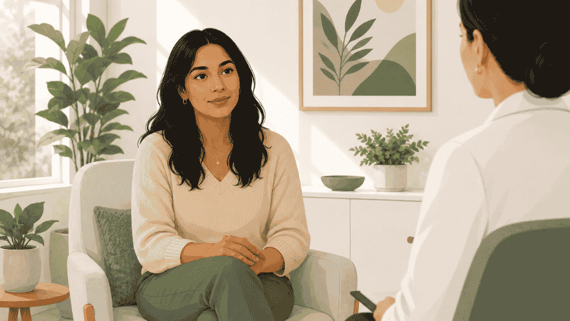 Woman in a calm clinic setting representing women's reproductive and sexual health care