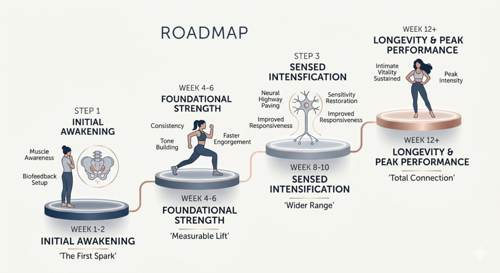 A schematic roadmap outlining the 12-week timeline and progress milestones for intimate wellness and pelvic floor recovery.
