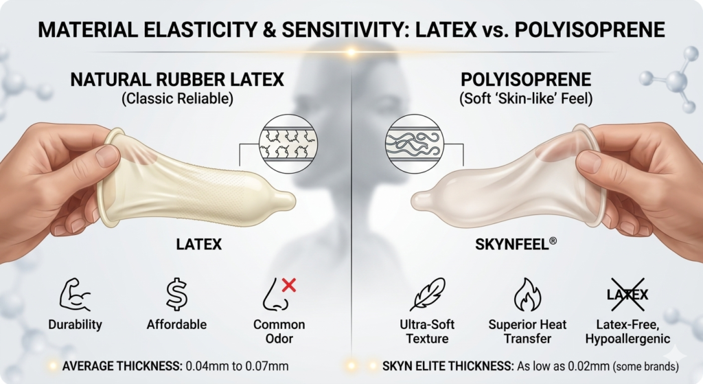 Comparison infographic showing the molecular elasticity of SKYN polyisoprene versus traditional natural rubber latex.