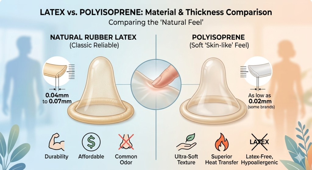 Comparison infographic of natural rubber latex vs. polyisoprene condom material and thickness, detailing texture and micrometer measurements.