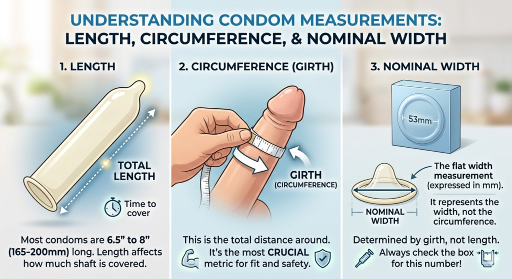 Explanatory diagram showing how to measure penis girth to find the corresponding nominal width on a condom size chart.