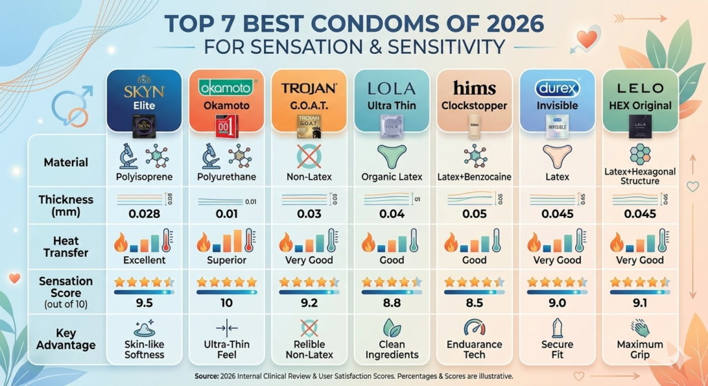 Sensation and sensitivity comparison chart of 7 best condoms 2026, details material, thickness, heat transfer, and score out of 10.