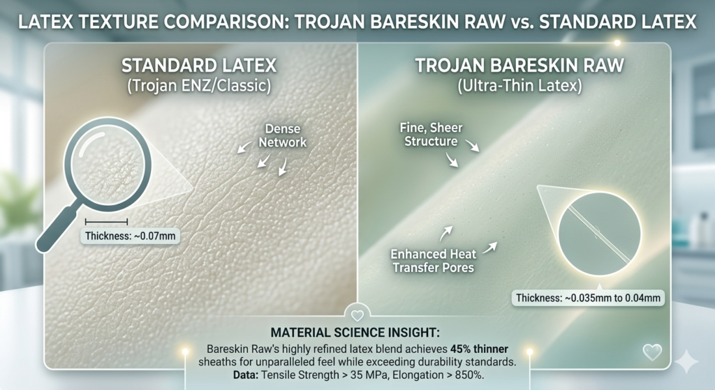 Microscopic thickness comparison of Trojan Bareskin sensitivity condoms vs. standard Trojan latex.
