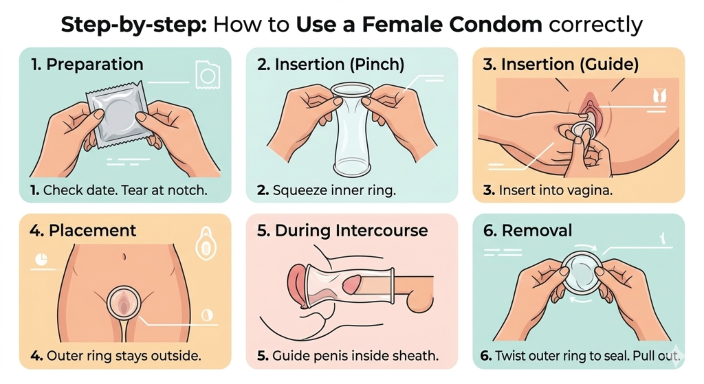 Step-by-step vector infographic showing how to correctly use a female condom, from preparation to removal, in six steps.