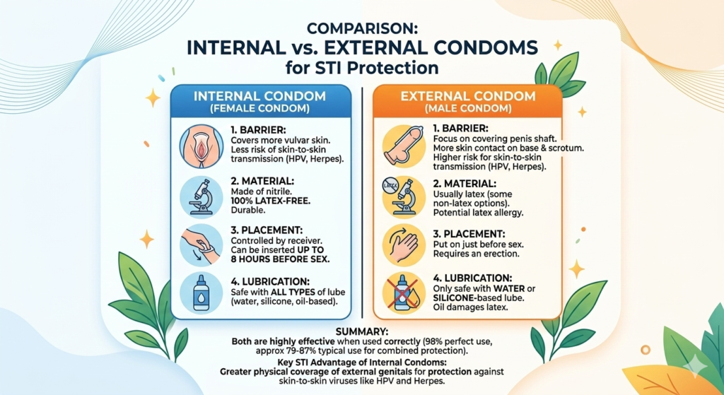 Comparison infographic of internal (female) and external (male) condoms for STI protection, detailing their design, material, use, and key advantages.