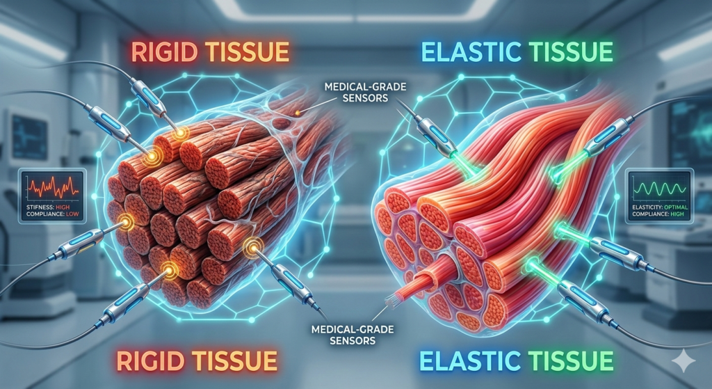 3D futuristic render of medical-grade sensors analyzing muscle fiber elasticity for intimate health optimization.