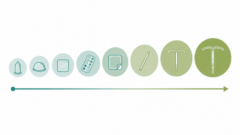 Illustration showing birth control method effectiveness spectrum from lower to higher effectiveness