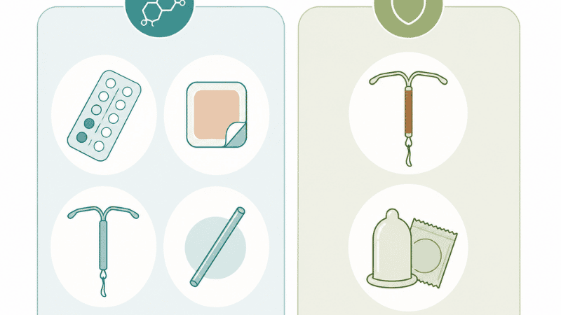Illustration comparing hormonal and non-hormonal birth control method categories with simple icons