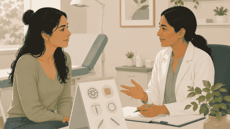 Woman discussing birth control options with a doctor in a modern gynecology clinic