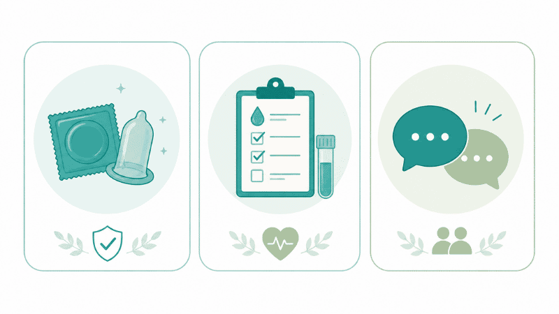 Illustration showing three chlamydia prevention methods: condom use, regular STI testing, and partner notification