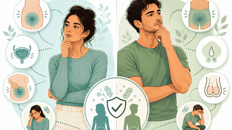 Illustration comparing chlamydia symptoms in women and men showing that most cases are asymptomatic