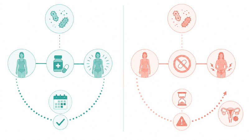 Timeline illustration comparing chlamydia duration with treatment versus left untreated showing complication risk