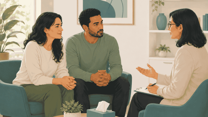 Couple sitting with a counselor in a therapy session representing professional support for relationship communication