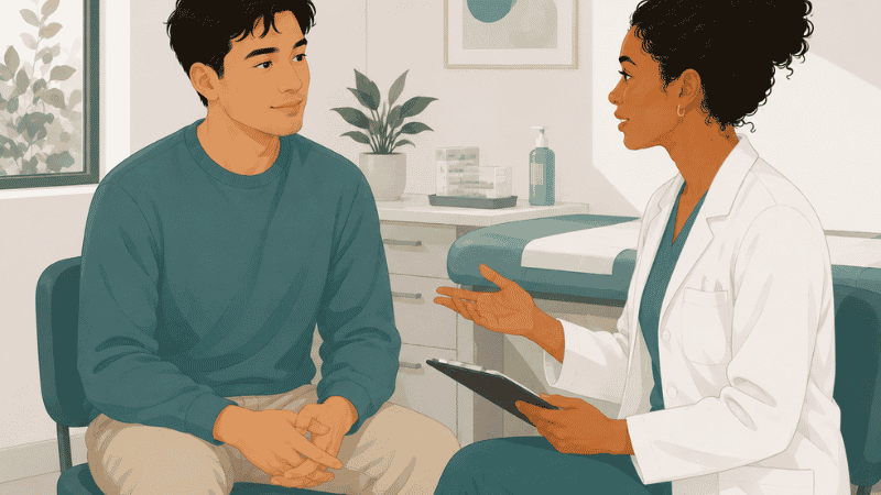 Young adult speaking with a healthcare provider about STI testing for gonorrhea and chlamydia in a clinic setting