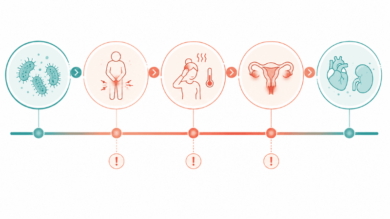 Timeline illustration showing the progression of untreated gonorrhea from infection to potential complications