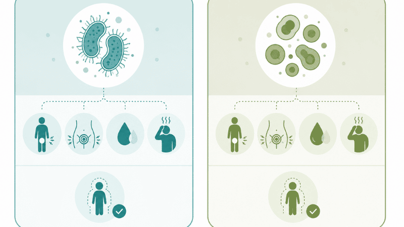 Illustration comparing gonorrhea and chlamydia side by side showing symptom differences and asymptomatic nature of both infections