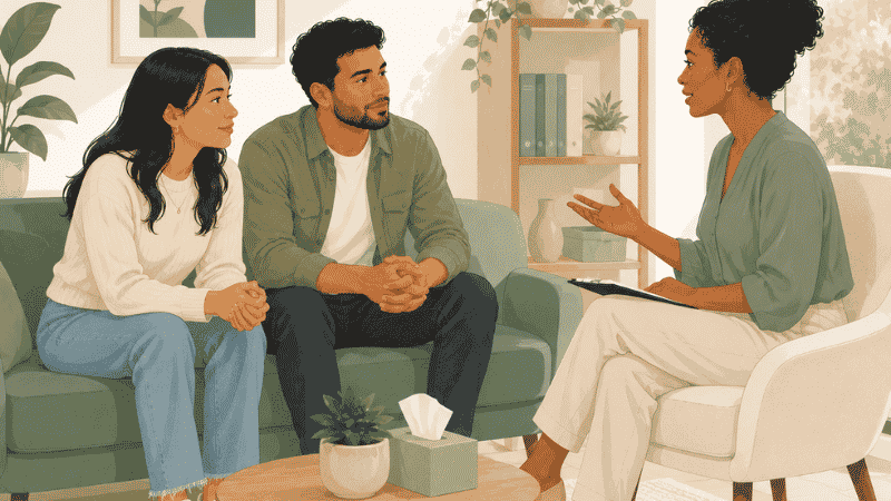 Couple sitting with a counselor in couples therapy representing professional support for relationship health