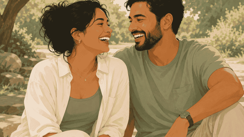 Couple laughing together outdoors representing signs of a healthy relationship and genuine connection