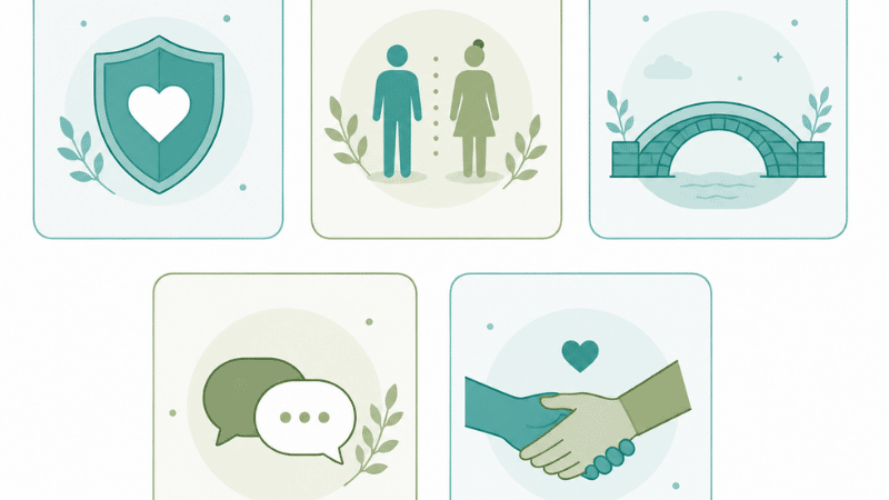 Illustration showing five key signs of a healthy relationship including emotional safety, autonomy, and honest communication