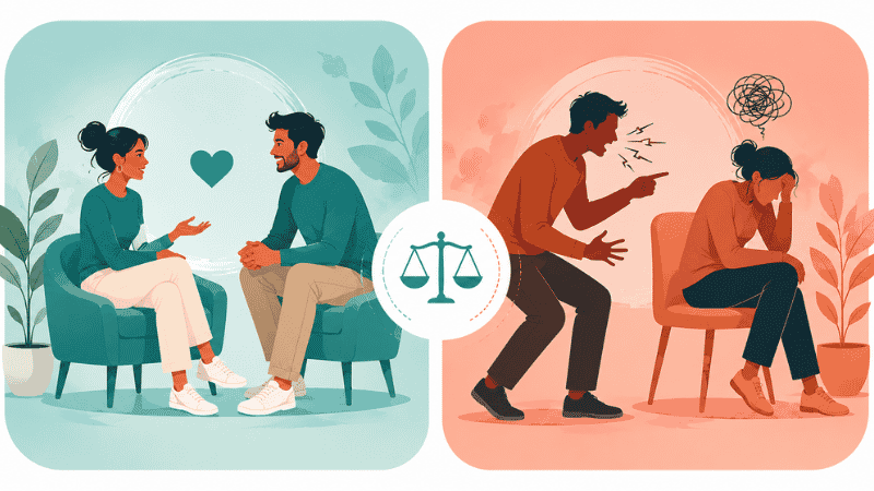Illustration contrasting healthy relationship dynamics showing equal connection versus unhealthy controlling patterns