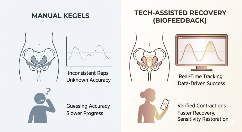 Comparison infographic showing the difference between manual Kegel exercises and biofeedback technology for pelvic floor recovery.
