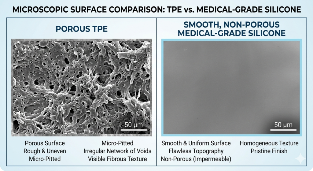 Microscopic surface comparison showing porous TPE vs smooth non-porous medical-grade silicone for body safety.