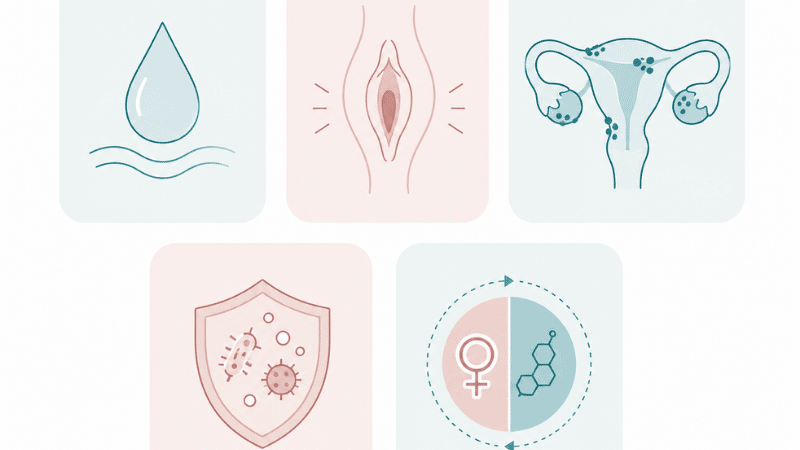 Illustration showing five common causes of pain during sex including vaginal dryness, vaginismus, and endometriosis