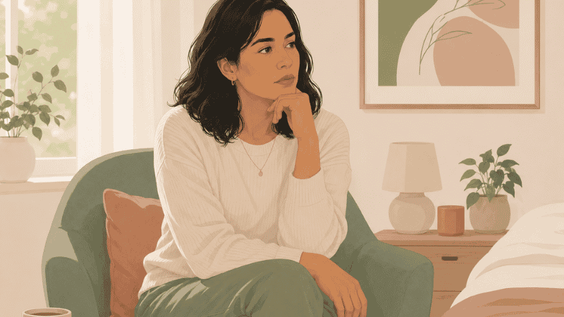 Woman sitting thoughtfully representing pain during sex awareness and women's sexual health