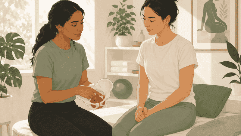 Illustration of a pelvic floor physiotherapist working with a patient representing treatment for painful sex