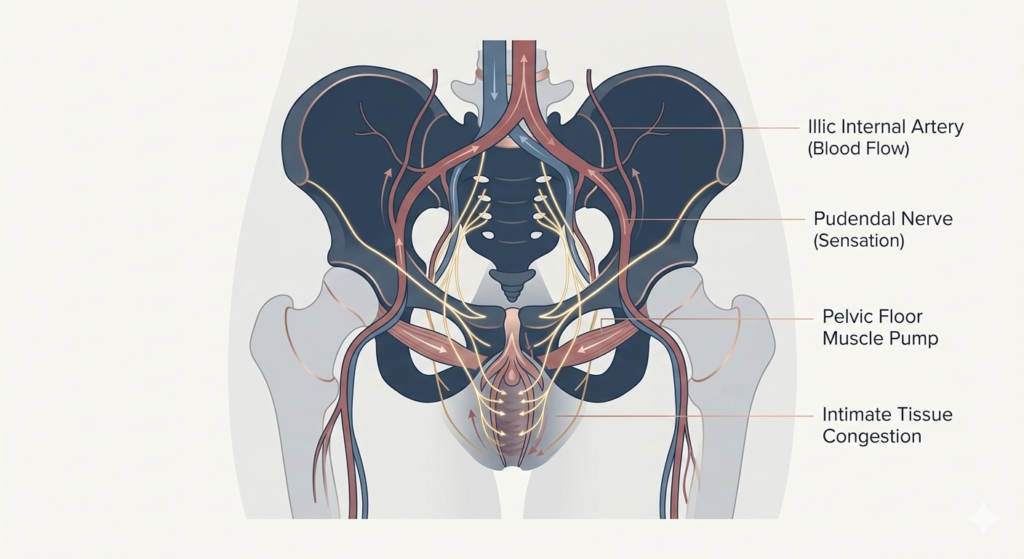 Detailed anatomical diagram showing the network of blood vessels and nerves in the human female pelvis responsible for intimate sensitivity.